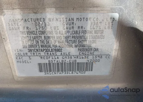 2013 Nissan Versa 1.6 Sv z USA, uszkodzony, nr VIN 3N1CN7AP3DL876902